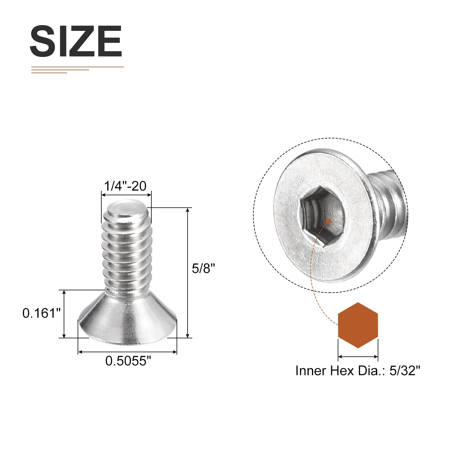 DTGN 1/4-20 x 5/8" Flat Head Socket Cap Screws, 25 Pack 304 Stainless Steel Hex Socket Flat Head Screws, Full Thread, Countersunk Bolts - Image 2