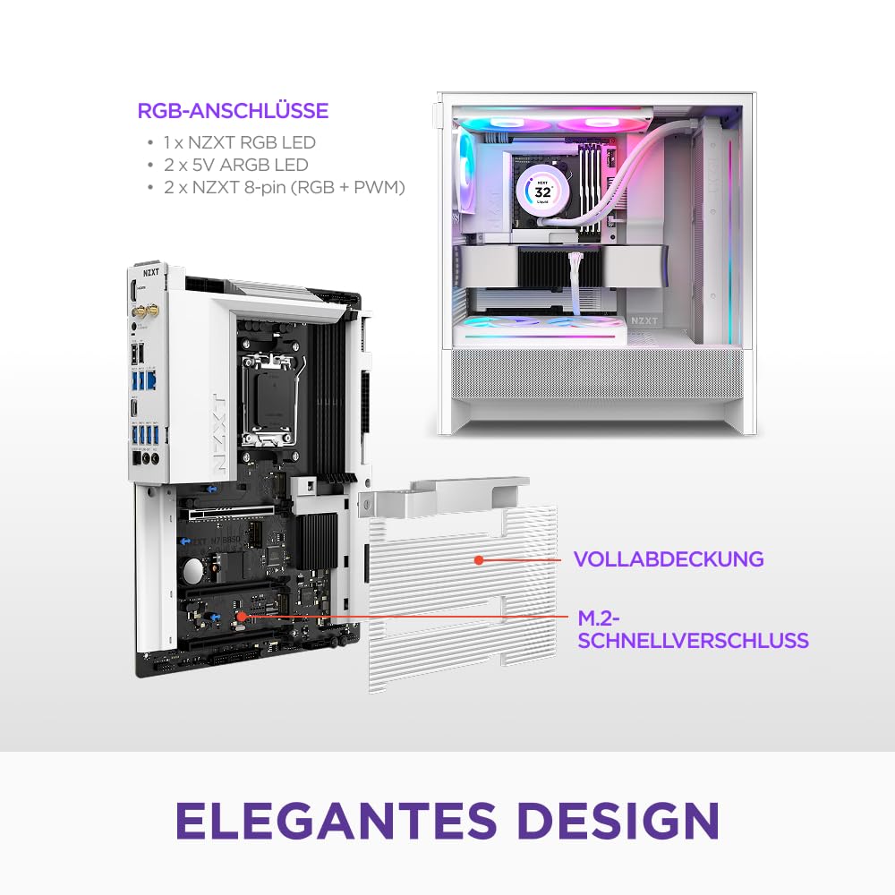 NZXT N7 B850 - AMD B850 AM5 ATX Gaming-Mainboard für Ryzen 9000/8000/7000 – 16+2+1, DDR5, 3X M.2, PCIe 5.0, Wi-Fi 6E, 2.5GbE, USB 4 – M.2 NVME mit Schnellverschluss – Vollabdeckung – Weiß