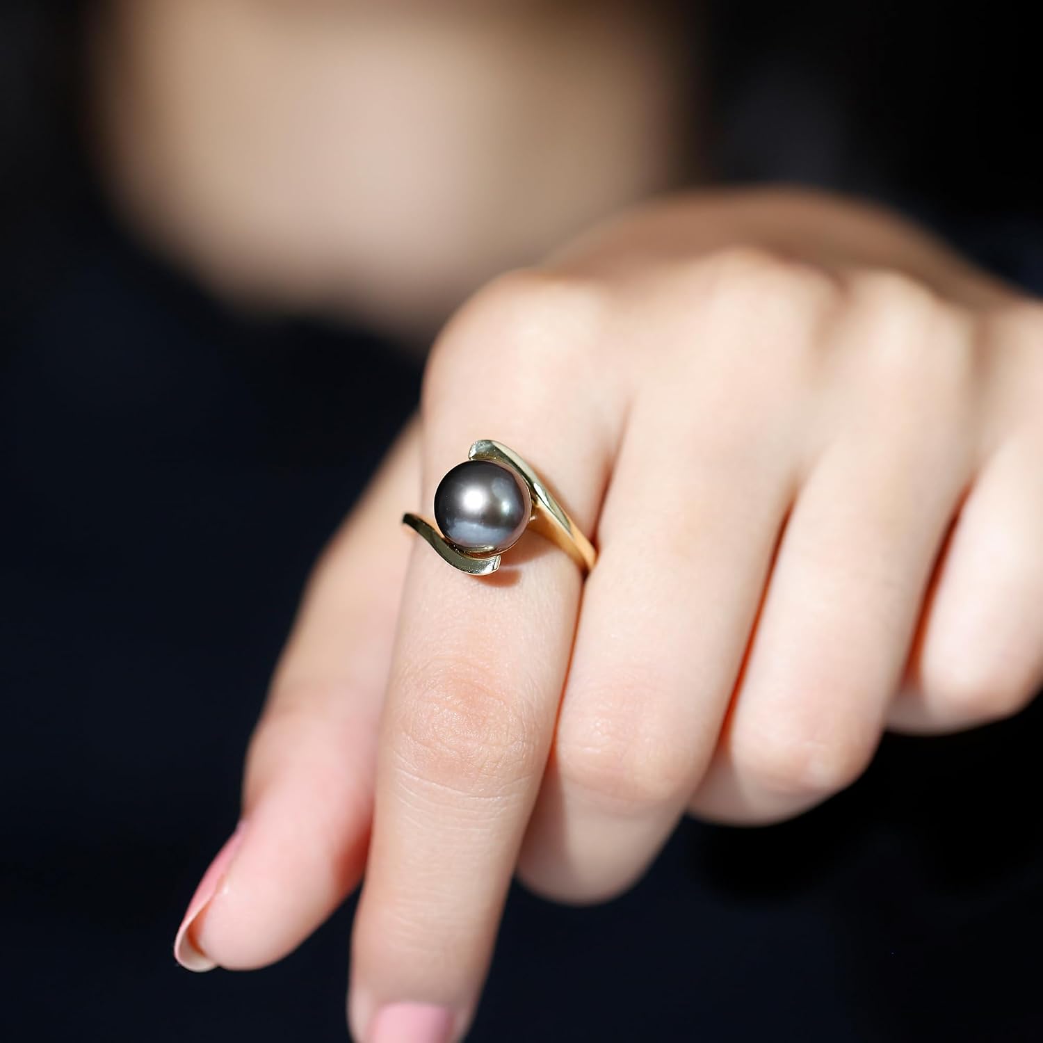 Mothers Day Gift, Handpicked Black Pearl Solitaire Engagement Ring, Aaa Quality, Natural Tahitian Pearl Bypass Ring