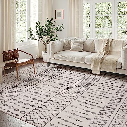 Art&Tuft Area Rug 5X7, Super Soft Ultra-Thin Moroccan Washable, Anti-Slip Backing Rugs For Living Room, Foldable Geometric Machine Washable (5'X7', Ivory) #TOP3