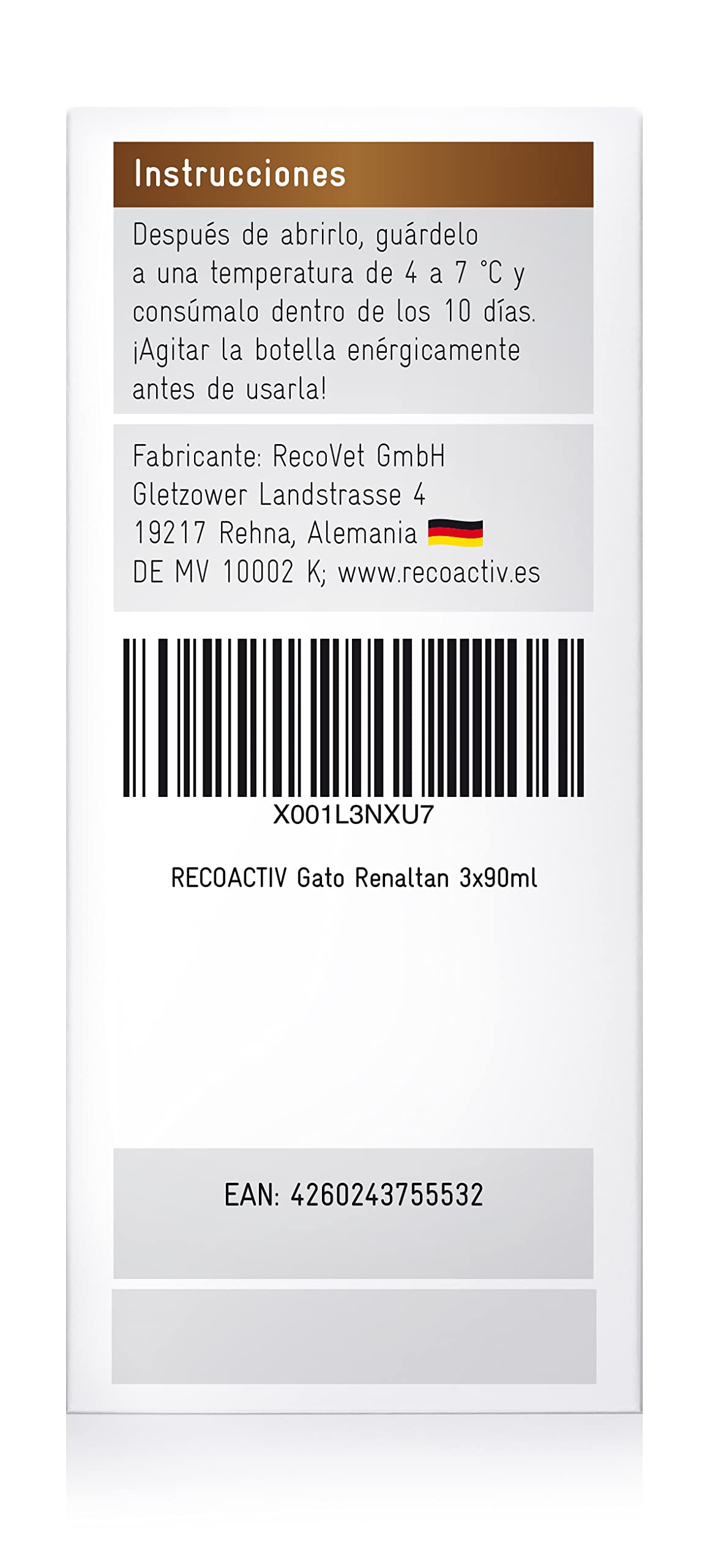 RECOACTIV Tónico Renaltan para Gatos, 3 x 90 ml, suplemento alimenticio con aglutinante de fosfato para Reducir el Contenido de fosfato en la Dieta en Casos de insuficiencia renal o IRC