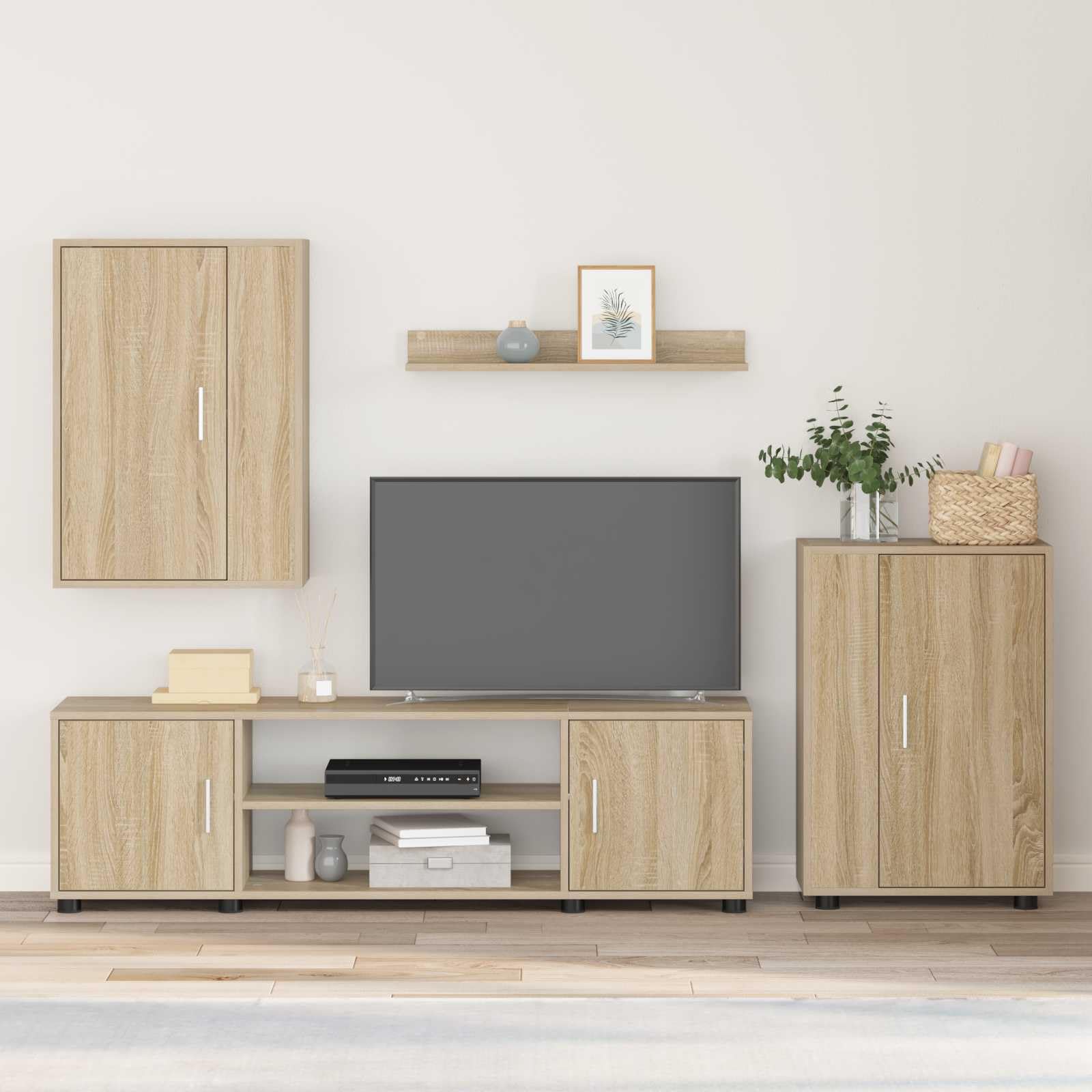 TV-Schrankset Wandmontiert 4-teilig Sonoma-Eiche Holzwerkstoff, Modernes Media-Center mit Stauraum, für Wohnzimmer