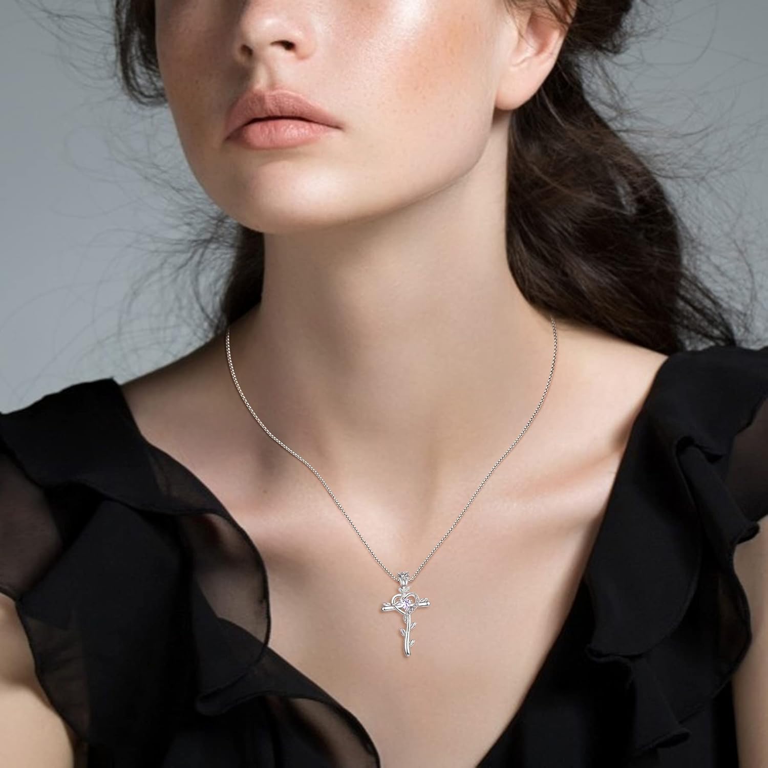 starchenie Cross Necklace 925 Sterling Silver Heart Birthstone Rose Crucifix Alexandrite Zirconia Pendant Jewelry Gift for Women - Image 5