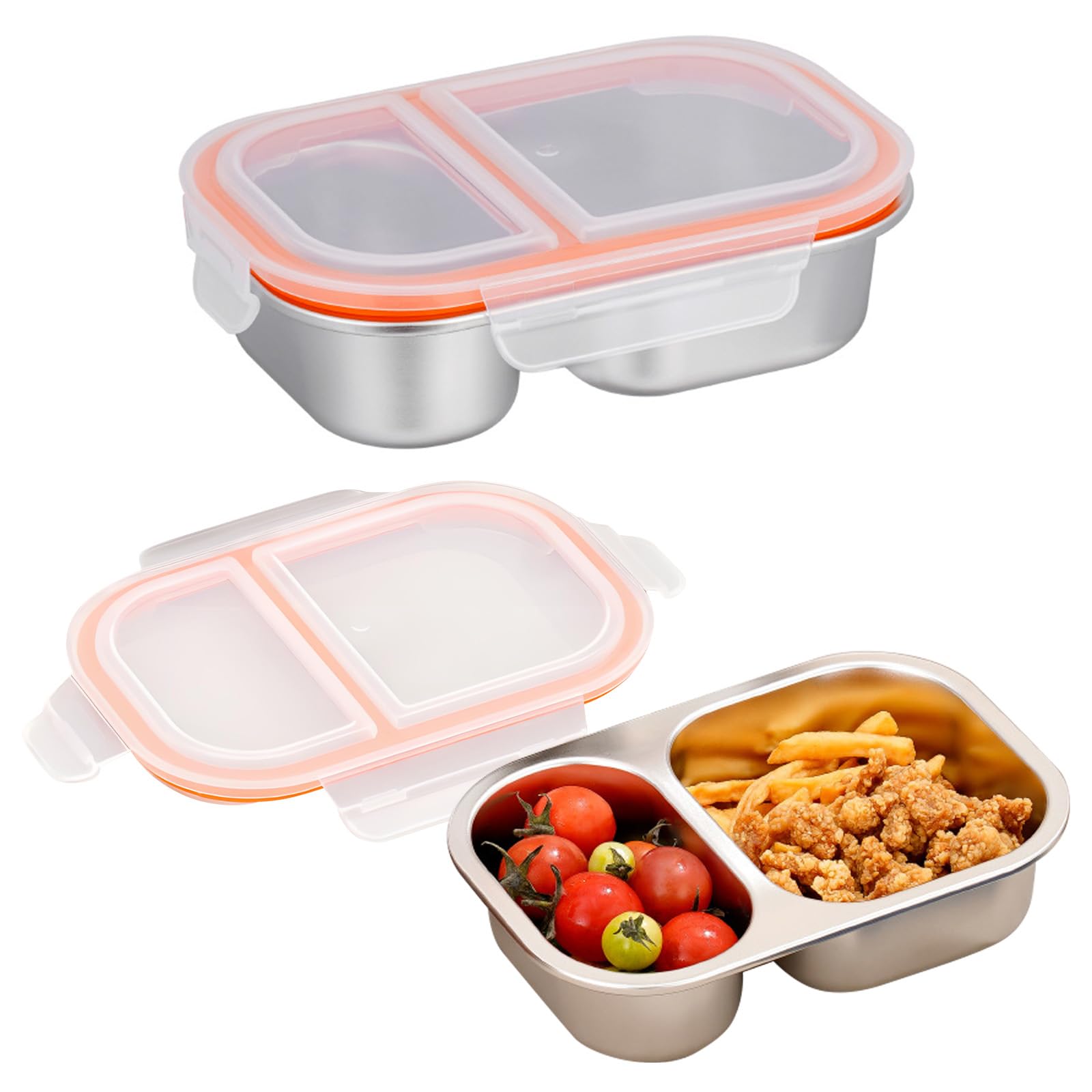 VEGCOO Stainless Steel Snack Boxes, Snack Box with Compartments, Small Stainless Steel Bento Box, Divided Meal Prep Containers with Airtight Lids for School Work Travel (2 Compartments*1)