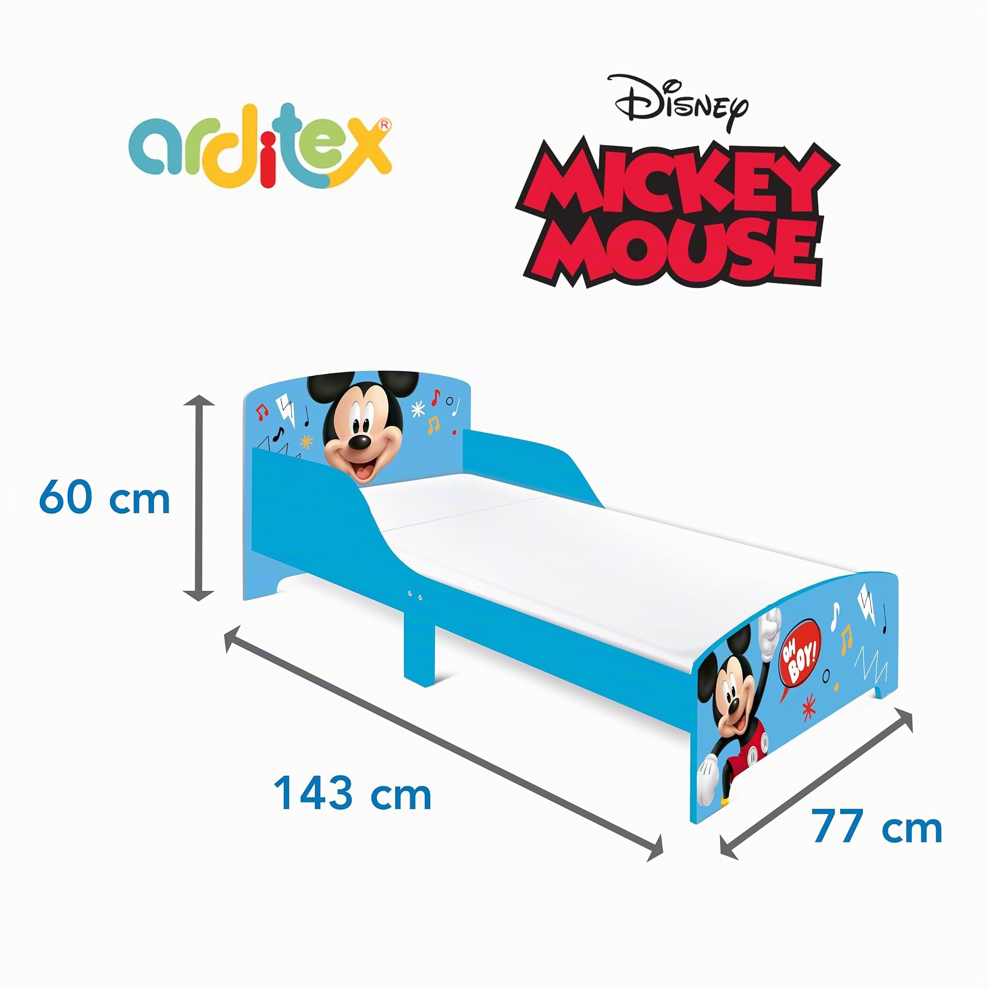 ARDITEX - Cama Infantil de Madera Disney Mickey Mouse - 77x143x60cm - Color Azul - Apta para colchones estándar 70x140cm - Fácil Montaje