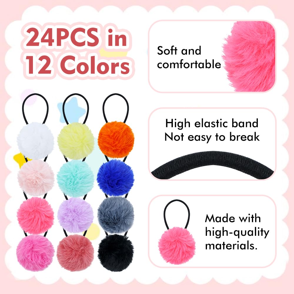 Dizila 24 Pcs/12 works Candy Color Fluffy Ball Pompom Hair Ties Bobbles Rubber Bands Pigtail Ponytail Holders Hair Scrunchies Elastics Accessories for Baby Girls Infants Toddlers Kids Teens Thin Hair - Image 4