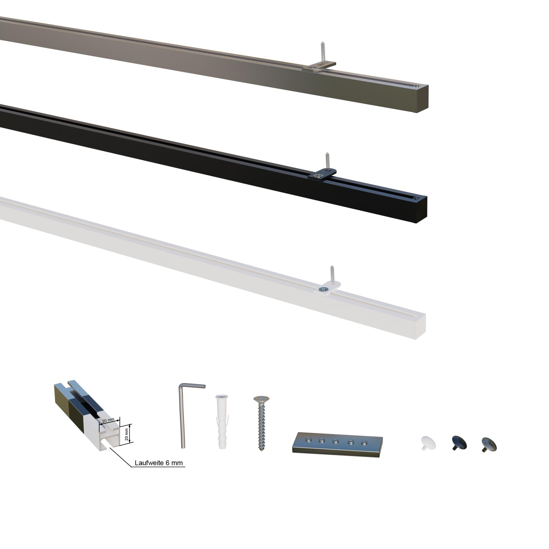 Gardineum - 4.00 m (2 x 2.00 m + Verbinder) - eckige 20 x 20 Innenlaufschiene mit Deckenträger, schwarz