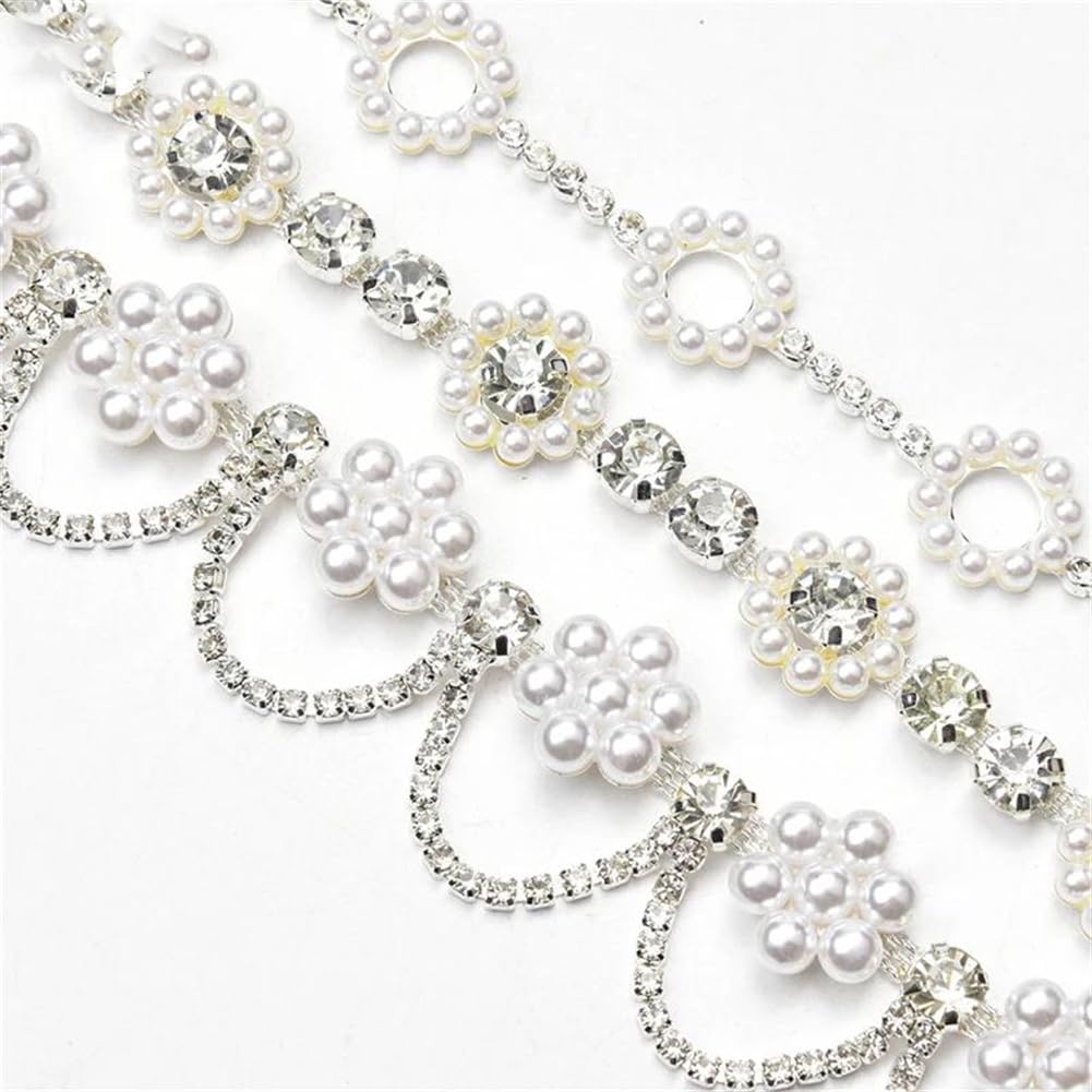 Frędzle z kryształkami, Rhinestone Perłowy Łańcuszek z frędzlami Wykończenia z frędzlami Przyszyte ozdoby Białe 1 jard(Style 2)
