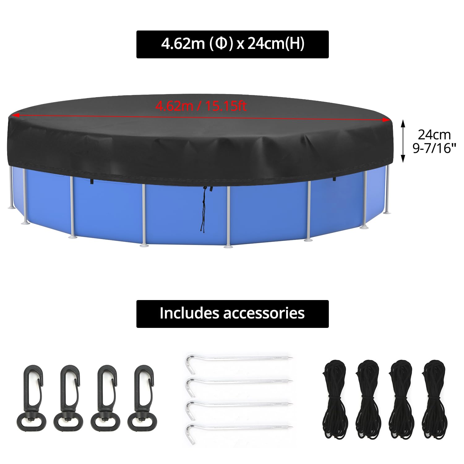 QWORK® Cobertor Piscina Redondo 460cm, Lona Cobertor Piscina, Lona Protección UV, 420D Oxford, Negro