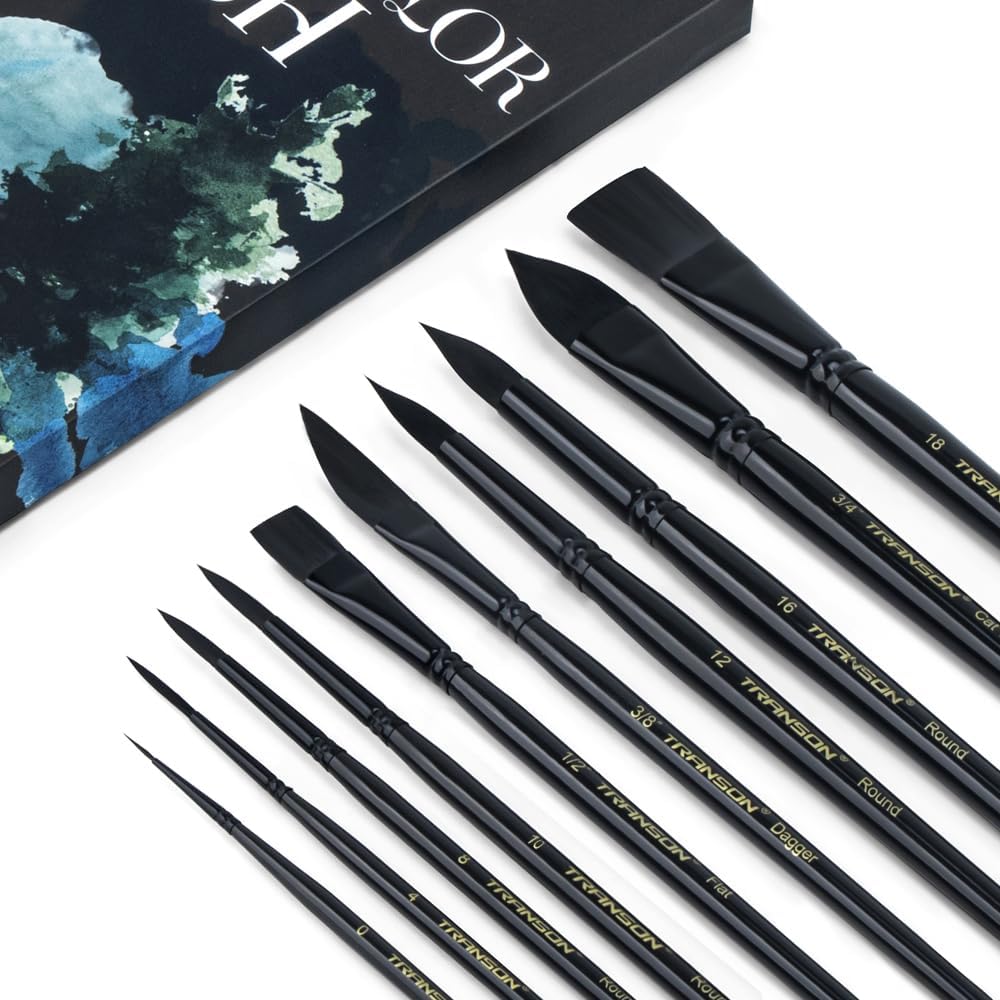 Transon 10pcs Natural Watercolor Paint Brush Set Professional for Watercolor Acrylic Ink Gouache Tempera
