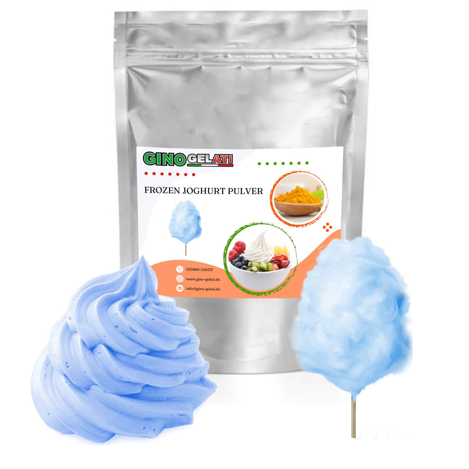 Gino Gelati Frozen Joghurt Pulver mit verschiedenen Zuckerwatte- Geschmäckern, schnelle und einfache Zubereitung, Herstellung ohne Eismaschine möglich (1 Kg, Blau)