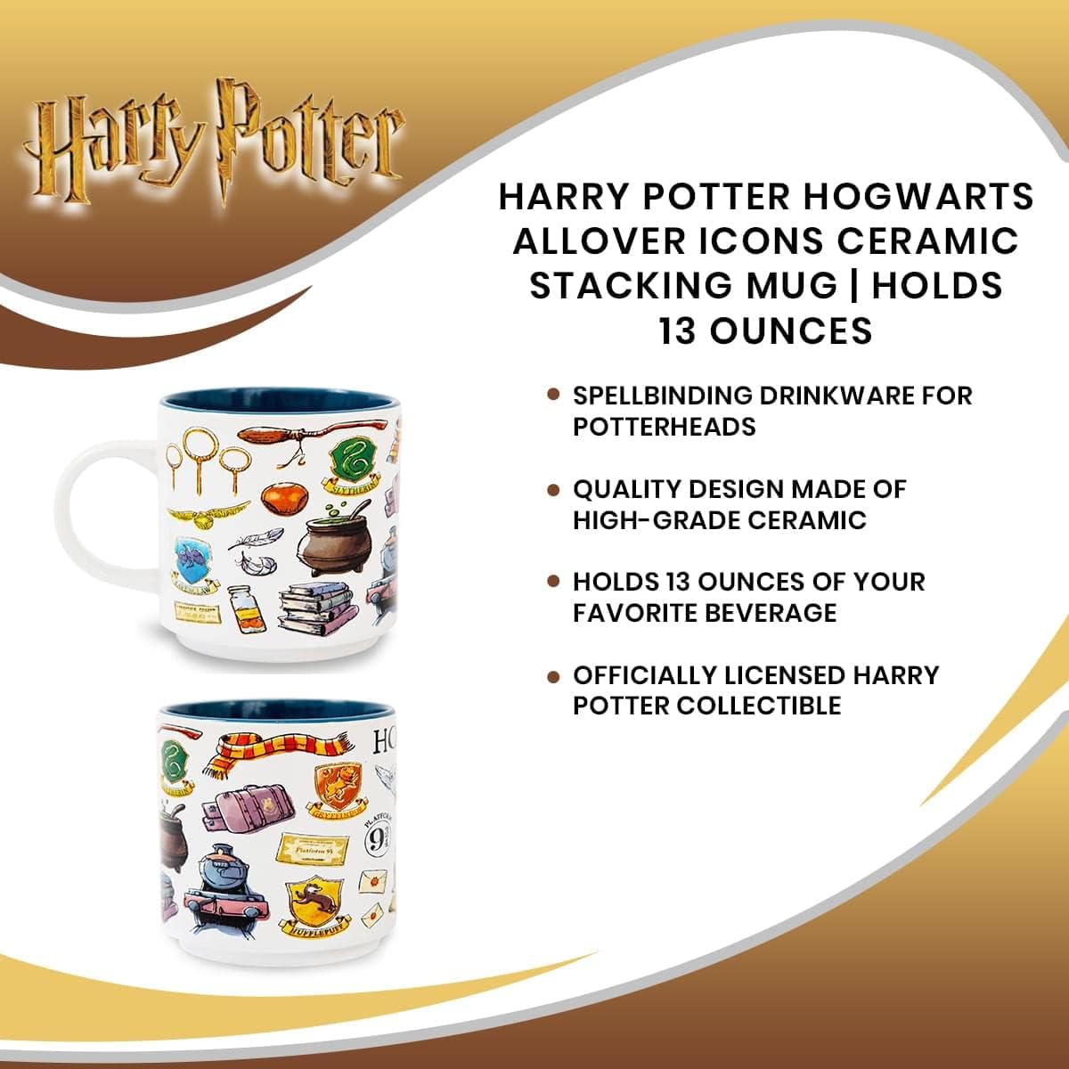 Harry Potter Hogwarts Allover Icons Ceramic Stacking | Large Coffee Cup For Espresso, Caffeine, Beverages, Home & Kitchen Essentials | Wizarding World Gifts and Collectibles | Holds 13 Ounces