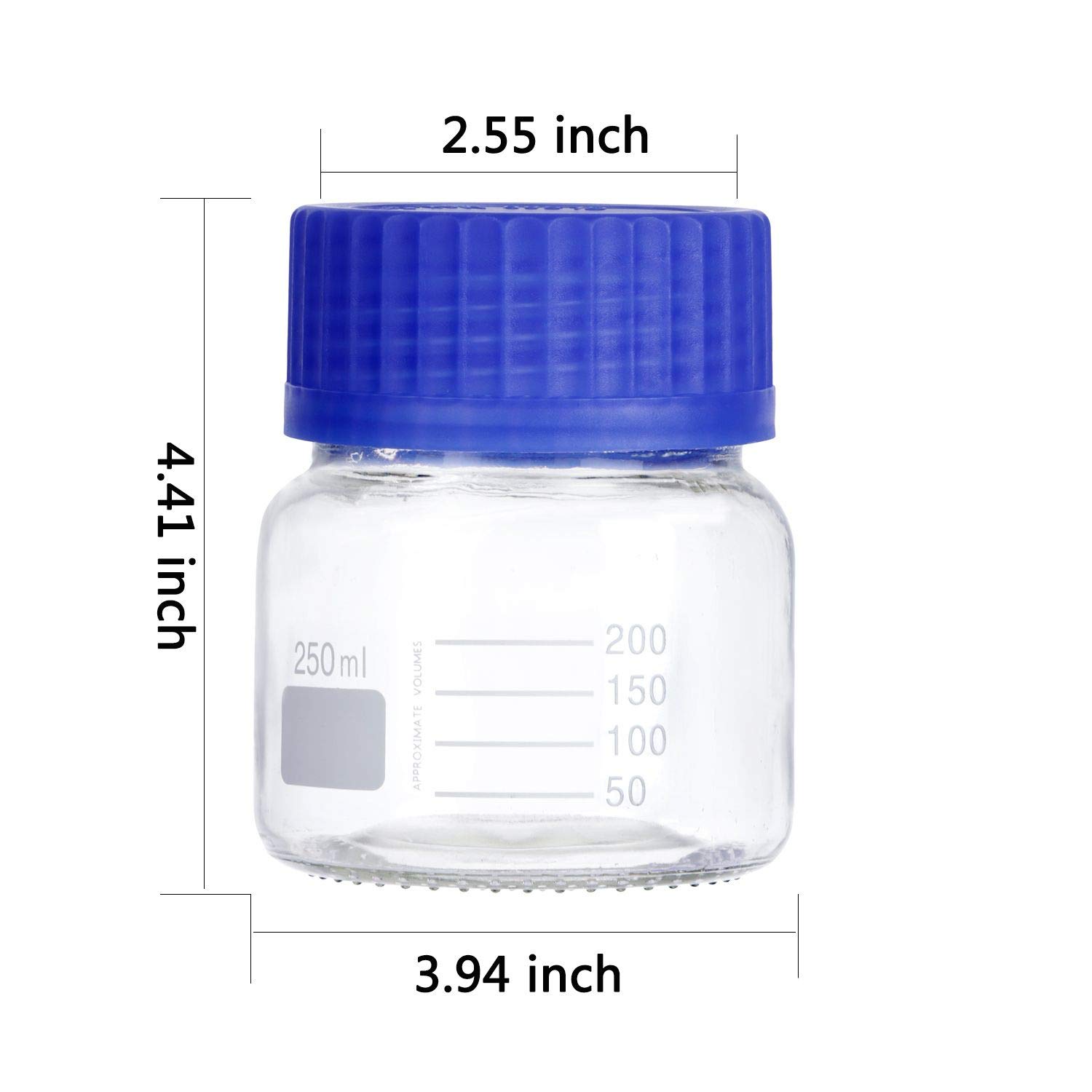 Paquete de 6 botellas de vidrio para laboratorio de almacenamiento de Pyrex de 250 ml de boca ancha graduadas con tapón de rosca de polipropileno azul GL80