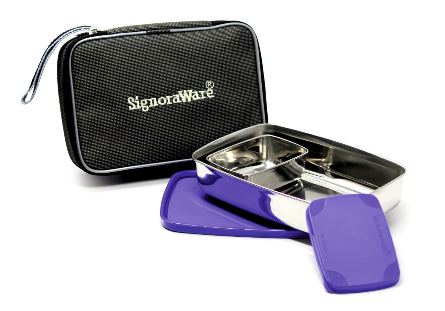 Signoraware Compact Stainless Steel Big Lunch Box with Bag | Two Compartment Tiffin | Airtight & Leakproof | Useful for Travelling & Outdoors | Best for Office & School Use (850Ml + 150Ml | Violet)