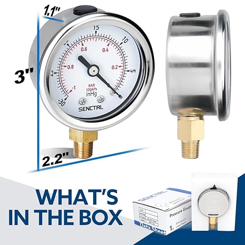 Miniatura 44 de SENCTRL Medidor de presión sin plomo de 100 psi, dial de 2 pulgadas, montaje inferior 1/4 NPT, impermeable, caja de acero inoxidable, para tanque