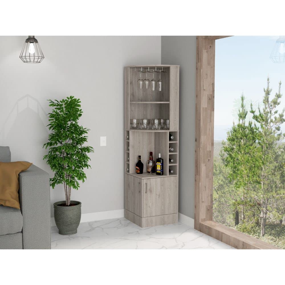 71" 8-Cubby &amp; 2-Shelf Bar Storage Cabinet, Kitchen Pantry Cabinets with Double Doors, Versatile Cabinets with Space-Efficient Corner Design for Kitchen, Light Gray