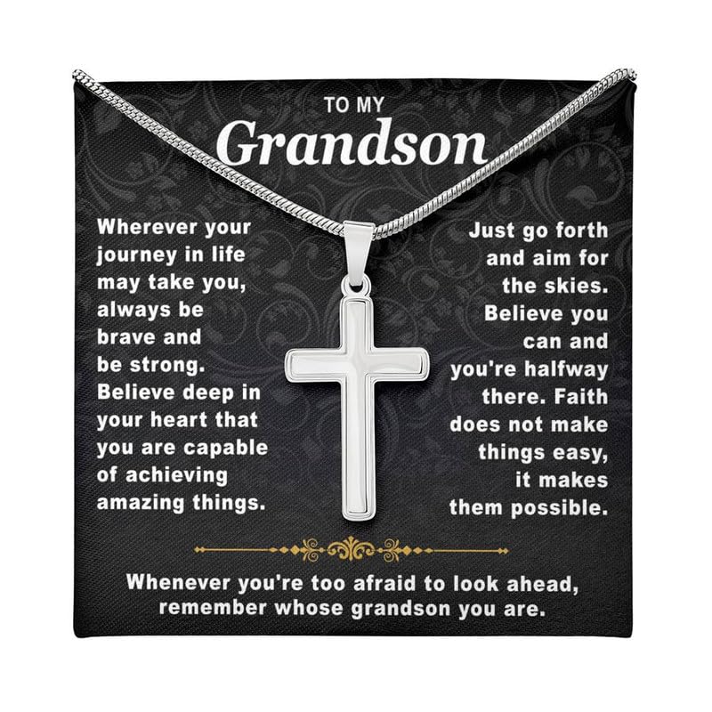 To My Grandson Cross Necklace Birthday Gifts From Grandma Present For Grandson From Grandmother To My Grandsons Necklace From Grandparents with Message Card and Gift Box