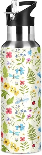 Miniatura 8 de Botella de agua de acero inoxidable de 20 onzas, botella de agua deportiva sin BPA con popote para gimnasio, viajes al aire libre, escuela, flores