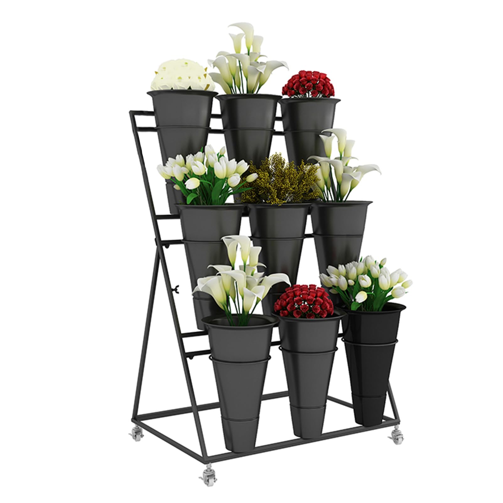 Espositore per fiori in metallo con secchi a più livelli, versatile mensola floreale per esterni, balcone, giardino, patio e organizer per piante