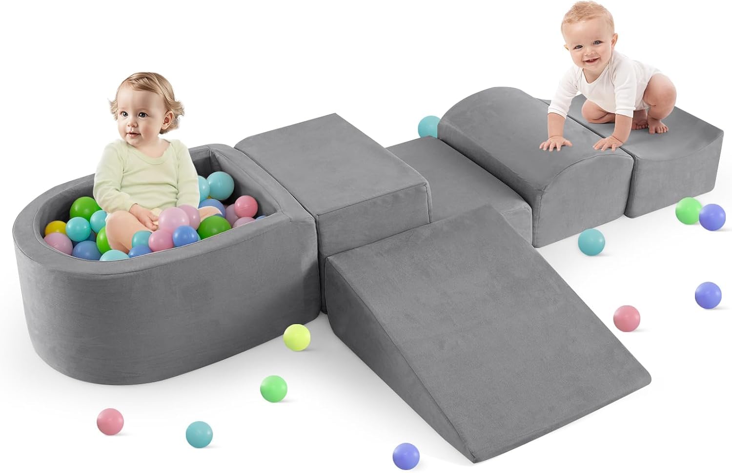 Climbing Toys for Toddlers, Foam Climbing Blocks and Ball Pit for Baby, 5pc Kids Climb and Crawl Block Activity Structure Play Set, Indoor Foam Play Gym for Crawling and Sliding (Gray) โ image 1