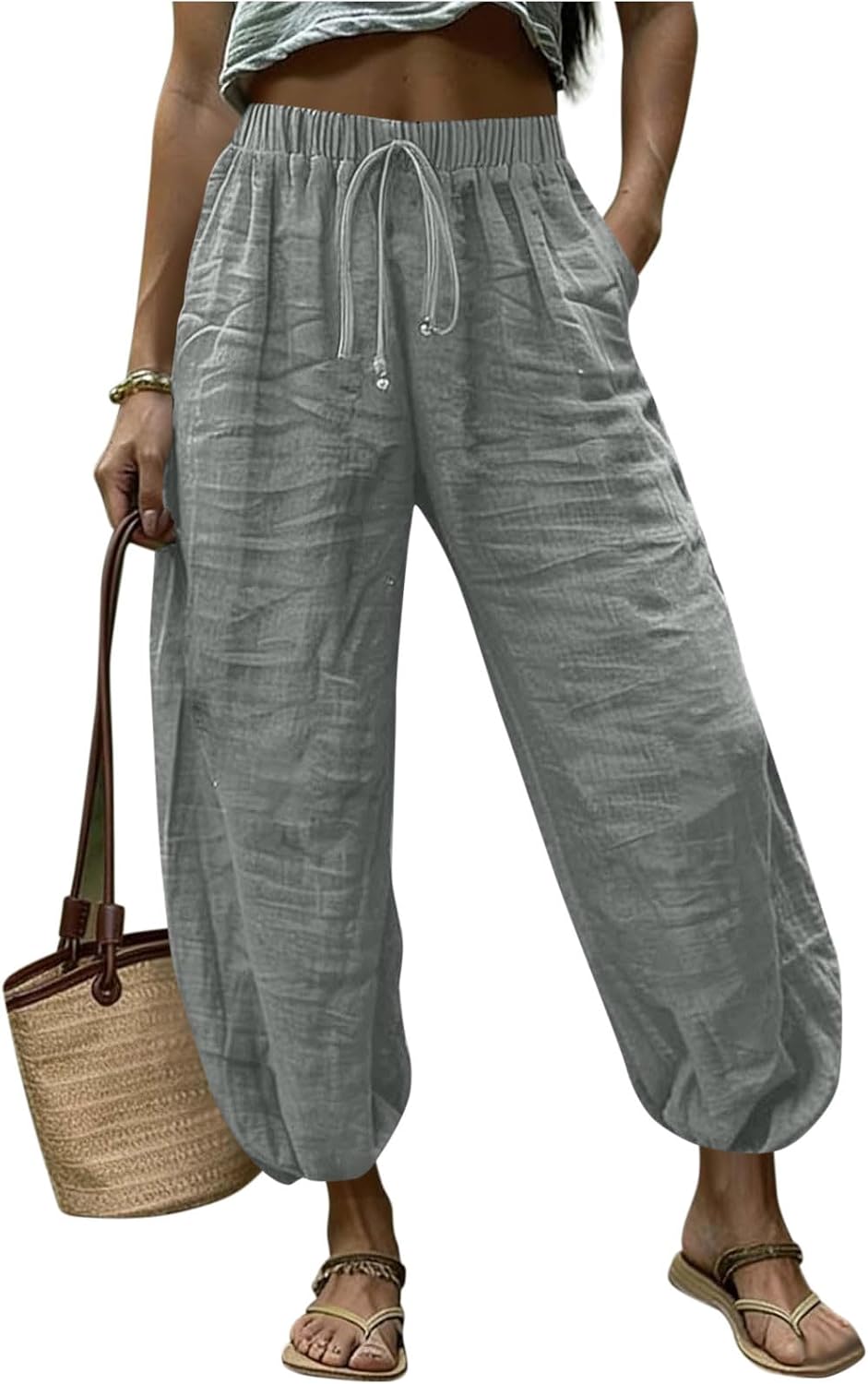 Womens Elastic Waist Lightweight Pants Casual Cotton Linen Wide Leg Drawstring Palazzo Beach Vacation Pants