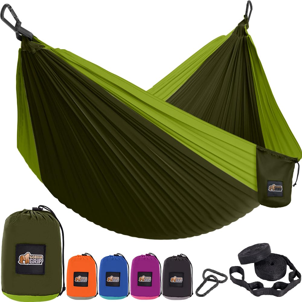 Gorilla GripLightweight Camping Hammock Holds 400lbs, Heavy Duty Tree Friendly Straps, Easy to Use, Portable Comfortable Travel Swing Hammocks, Outdoor Tent Camp Essentials, Green, 9x4.5 FT