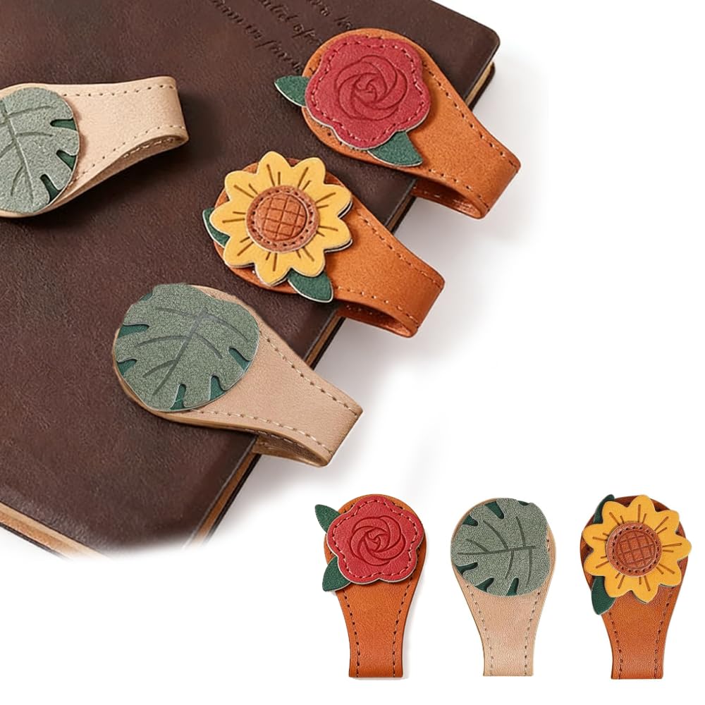 3 Pack Vintage Floral Magnetic Bookmarks, Premium Leather Page Markers with Sunflower, Rose, Leaf Designs, 4.92 Inch Artisan Crafted Book Clips for Readers