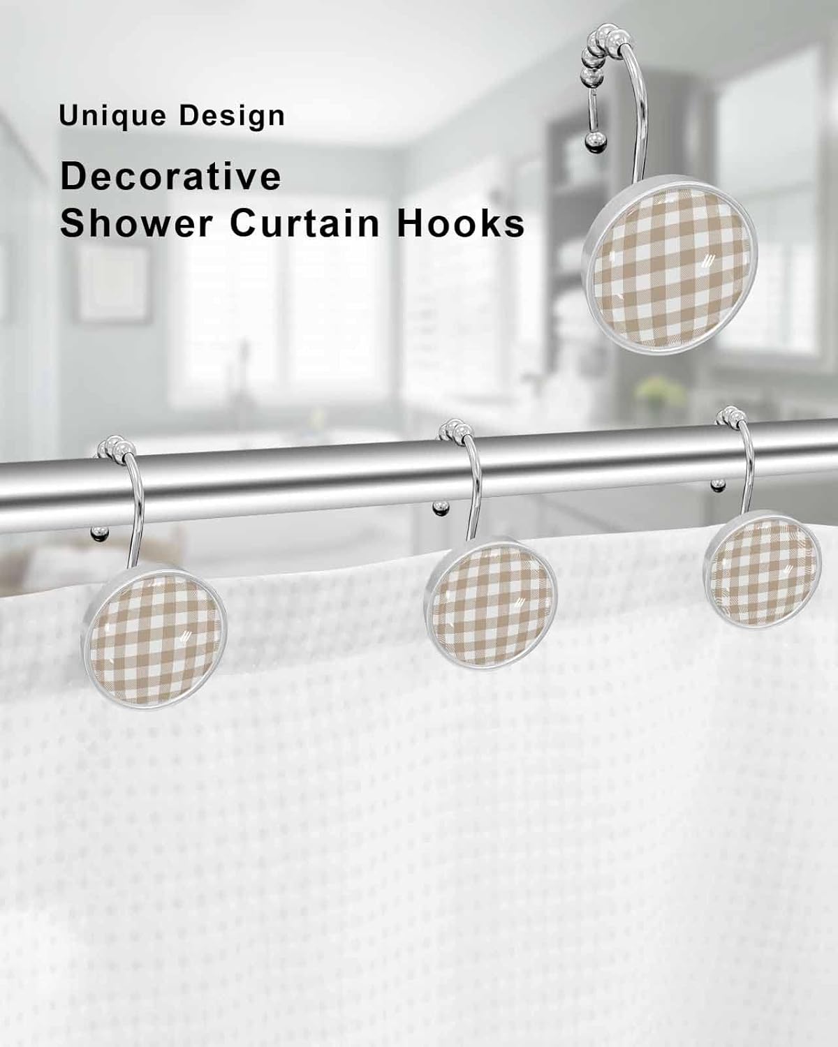 Shower Curtain Hooks,Stainless Steel Shower Curtain Rings with Pastoral Style Khaki Lattice Crystal Glass Design Rust-Resistant Decorative Shower Curtain Hooks for Bathroom 12PCS