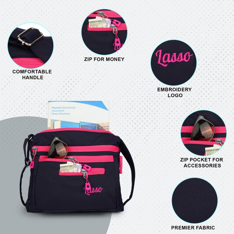 Image of Lasso Stylish Multi-Pocket Crossbody Waterproof Sling Bag For Women with Adjustable Strap | Stylish Ladies one side bag and purse for women & girls | 5 L Capacity & 5 Multiple Pockets with Zip