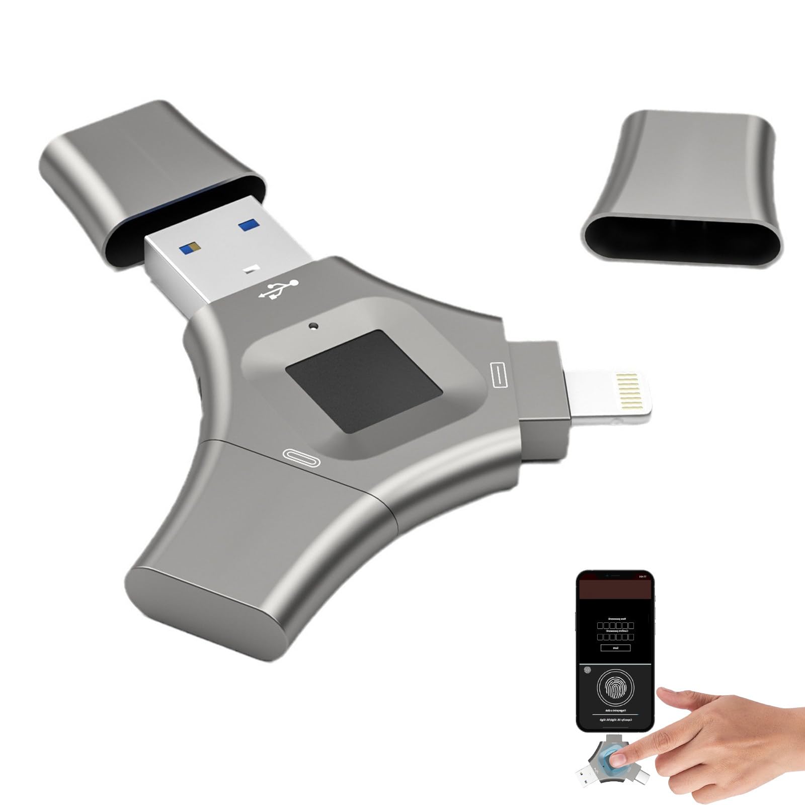Chiavetta USB 3 in 1 con crittografia Hardware e Impronta Digitale, Design Girevole ad Alta velocità, Grande capacità per Computer e archiviazione Dati Esterna 128GB