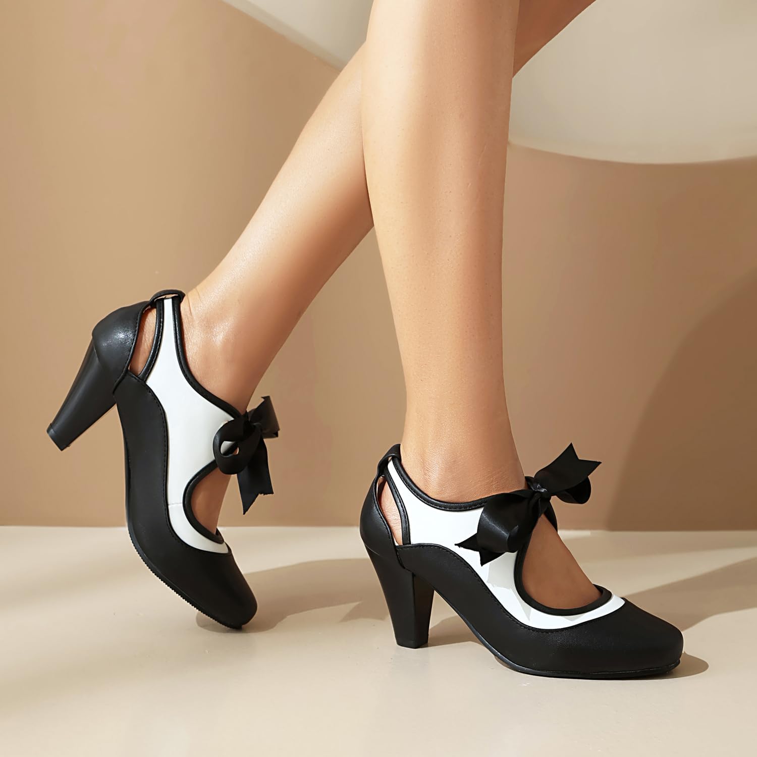 Elerhythm Women's Mary Jane Two Tone Lace Up Closed Round Toe Vintage Heels 1950s Pumps 1920s Victorian Retro Shoes - Image 4