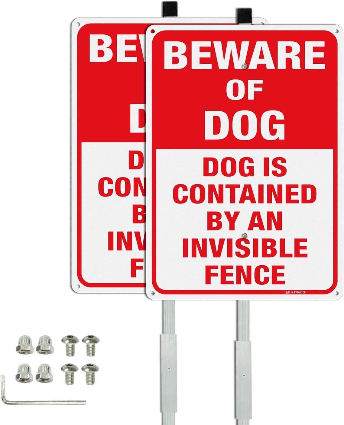 T&R Large Beware of Dog Sign, Dog Contained by an Invisible Fence Sign with 36" Stake for Outside - 2 Pack - 14"x10" .040 Rust Free Heavy Aluminum, Reflective, Waterproof, Weatherproof and Fade Resistant, 6 pre-drilled holes,Includes Matching Screws & Wrench, Easy to Mount