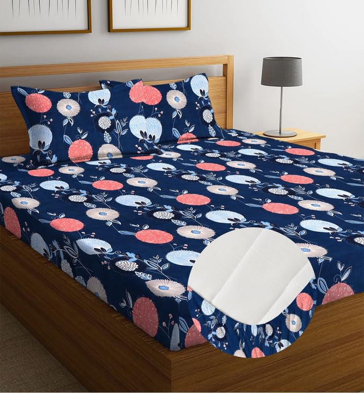 Image of la'amour Cotton Elastic Fitted Bedsheets with 2 King Size Pillow Covers Double Bed with All Around Elastic Supersoft Size - 72 King Sizex78+10 inches Color - Dark Blue