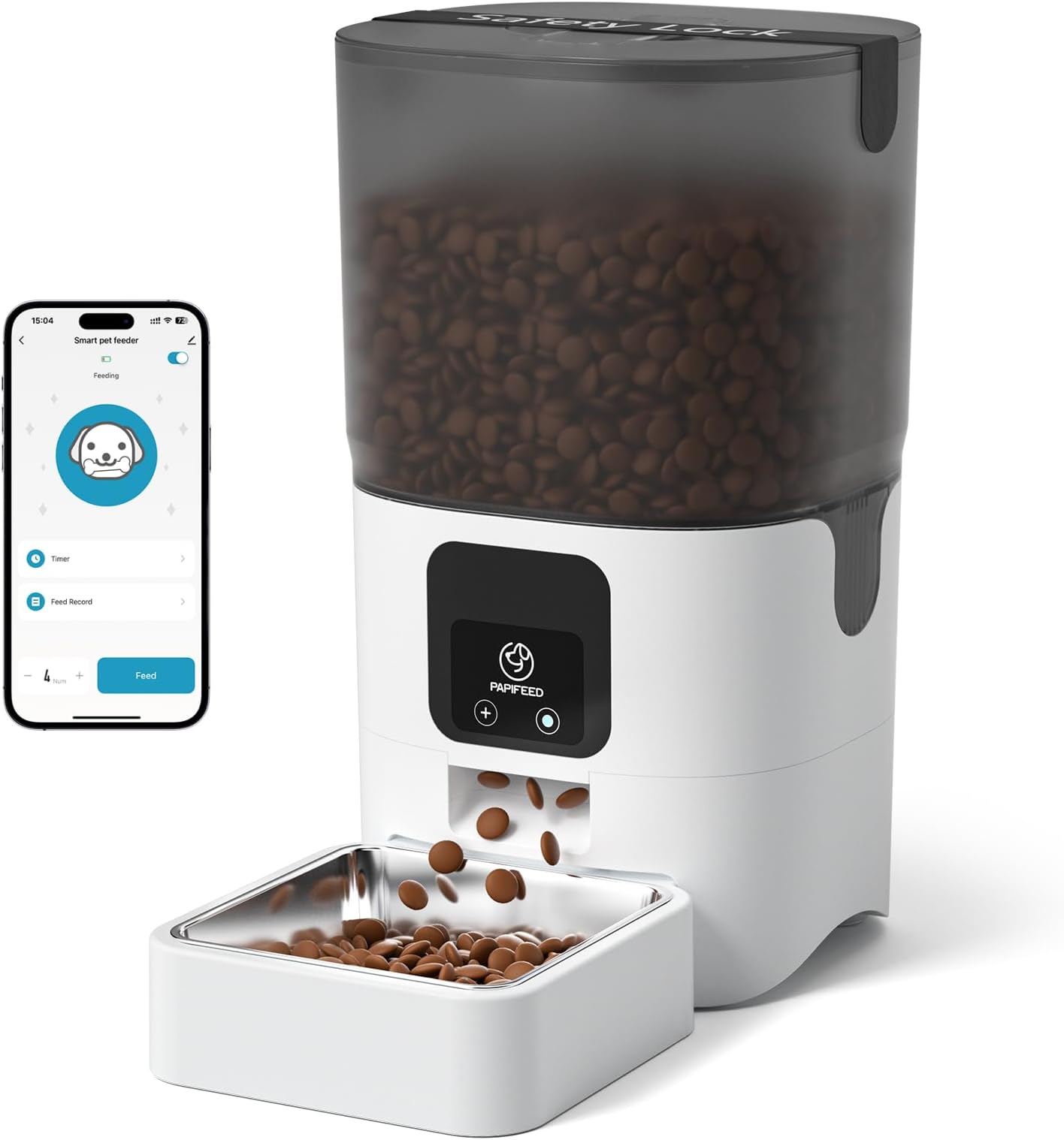 PAPIFEED Automatic Cat Feeder with App, WiFi Auto Cat Feeder, 6L Slow-Feed Cat Food Dispenser for Dry Food, Dual Power Supply Timed Pet Feeder for Small Dog, 10 Meals/Day, 12 Portions/Meal, White