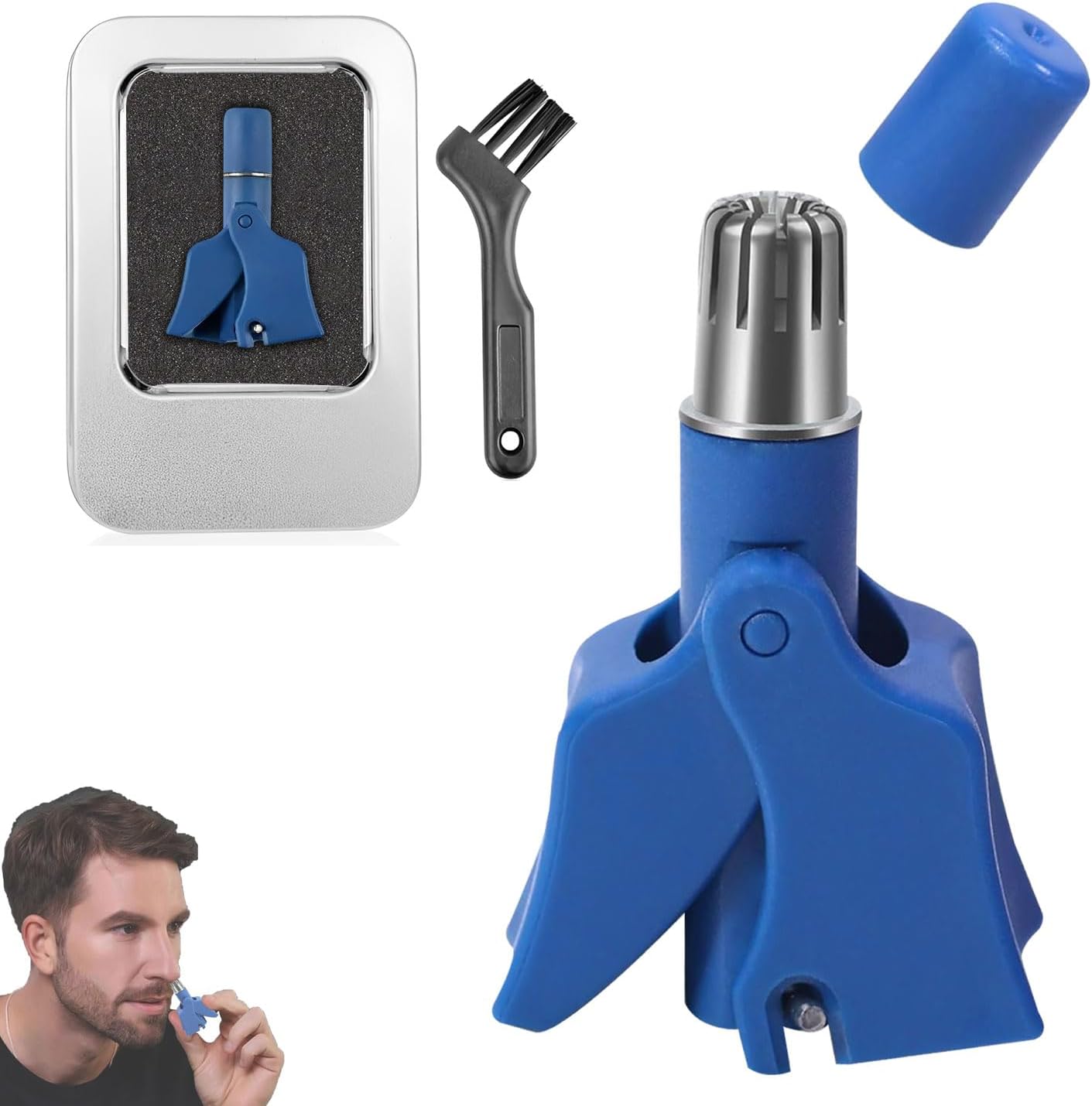 Stainless Steel Hair Trimmer for Men and Women | Manual Nose and Ear Hair Trimmer | Nose Clippers, 360° Rotating Hair Trimmers | Washable Nose Hair Remover | Blue