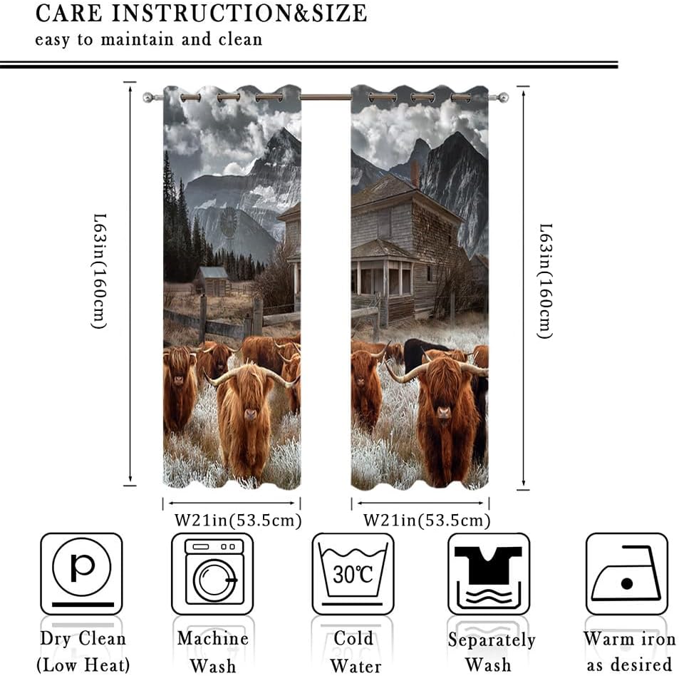 Rustic Misty Forest Highland Cow Curtains for Living Room Bedroom,Vintage Western Farmhouse Mountain Highland Cow Thermal Insulation Curtains Window Grommet Treatments- 2 Panels 63" L x 21" W