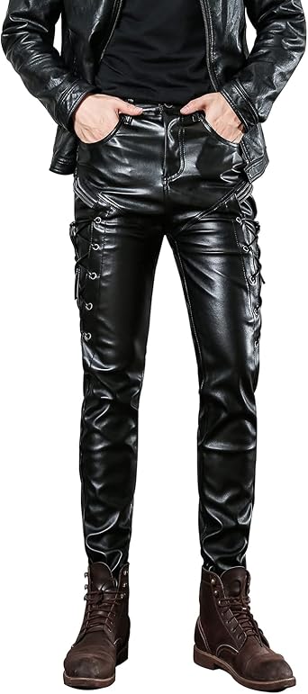 Idopy Men`s Black Skinny Faux Leather PU Pants Trousers