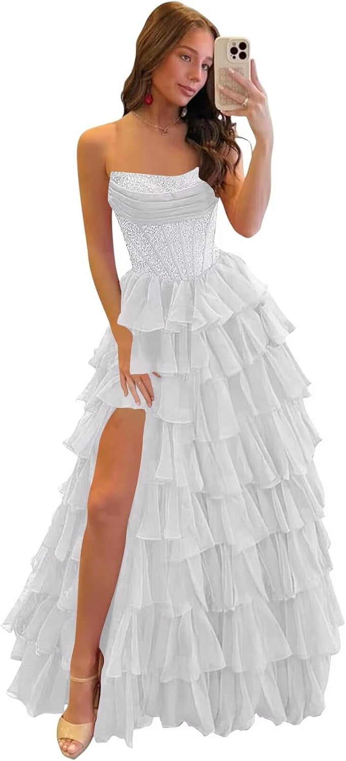 Eightale Tiered Sequin Prom Dresses for Women Long Strapless Chiffon Corset Formal Evening Party Gown