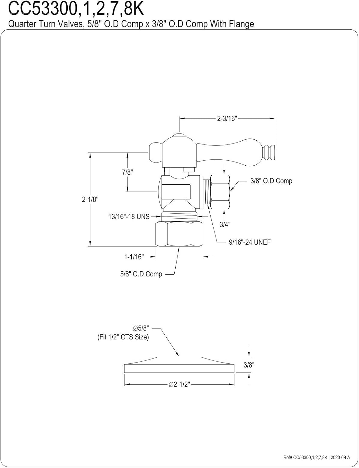 Kingston CC53307K Quarter-Turn Angle Shut-Off Valve, Brushed Brass