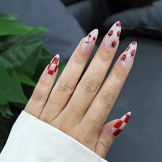 24Pcs Cherry Strawberry Fruit Press on Nails Medium Long Almond Checkered Fake Nails with Designs Summer False Nails Cute Stick on Nails Artificial Nails Gel Acrylic Glue on Nails for Women