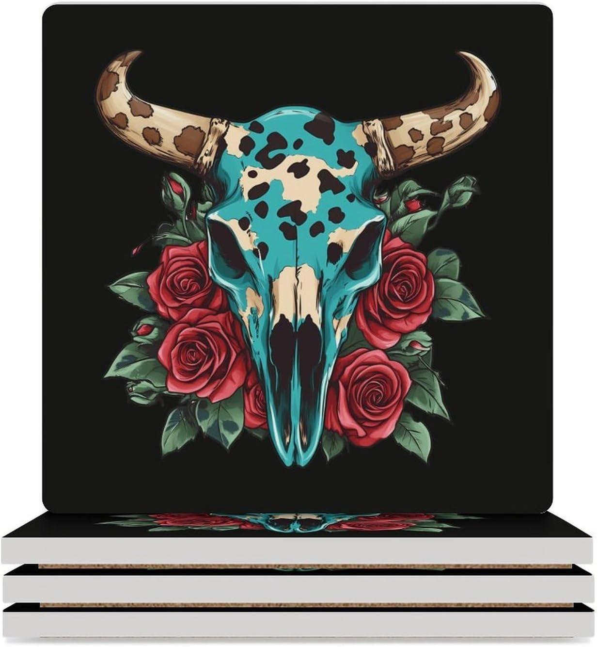 Rose Bull Skull Coasters for Drinks Square Table Coasters Set Cup Mats with Cork Base