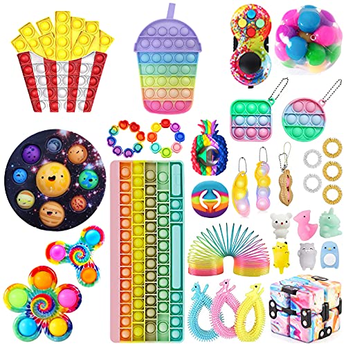 33pcs Fidget Packs Fidget Toy Set Fidget Toys Pack with Sensory Popitsfidgets Fidget Pack Cheap Rainbow Spring Pad Stress Ball Infinity Fidget Cube Marble Mesh Pop Tube (33pcs Fidget Packs 3)