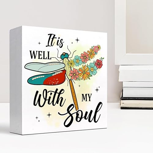 Miniatura 6 de Letrero de madera con versículo bíblico, decoración de escritorio con texto en inglés "It is Well With My Soul Dragonfly", letreros de madera