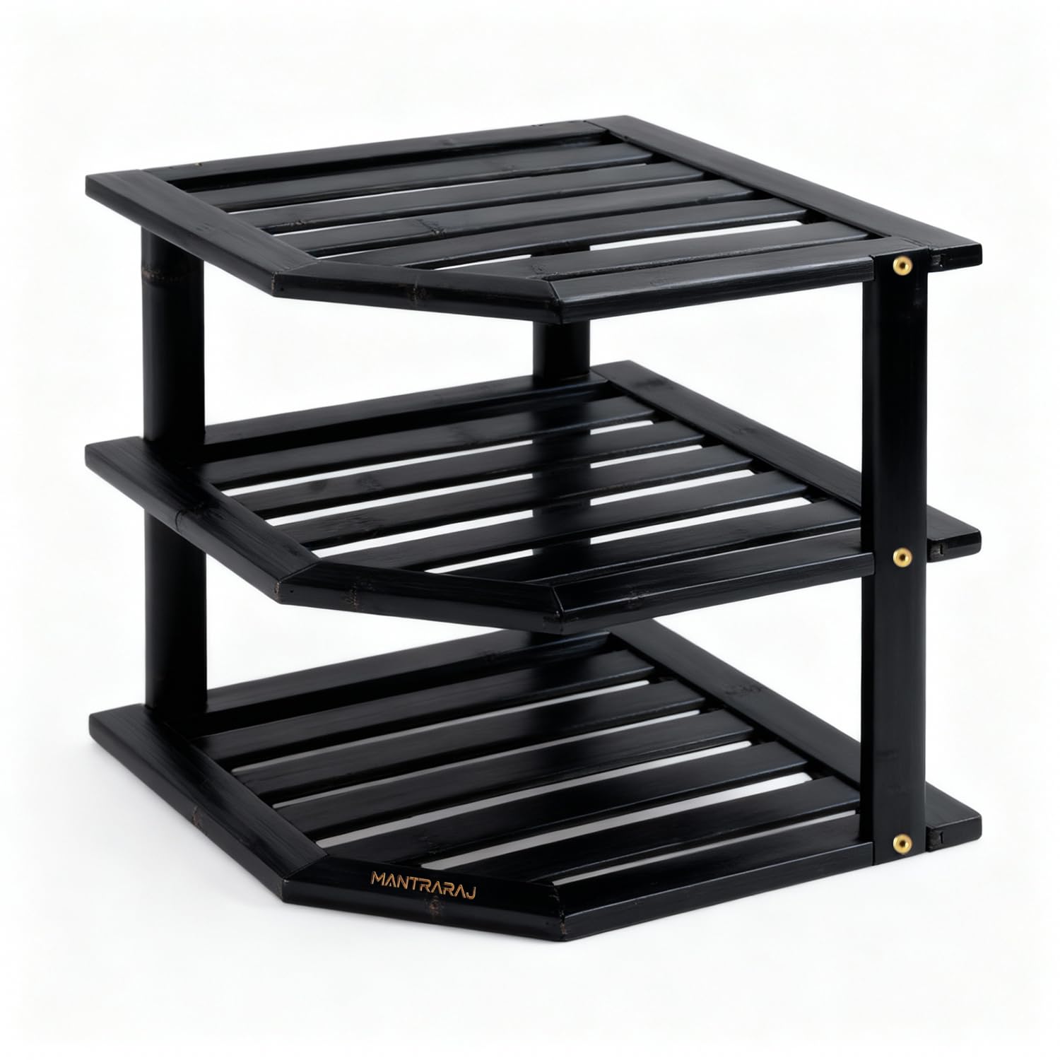 MantraRaj 3 Tier Bamboo Corner Shelf Rack Unit Kitchen Cupboard Storage Organiser Worktop Tidy Kitchen Plate Rack Space Saving Standing Storage Unit For Home, Living Room, Bathroom (Black)