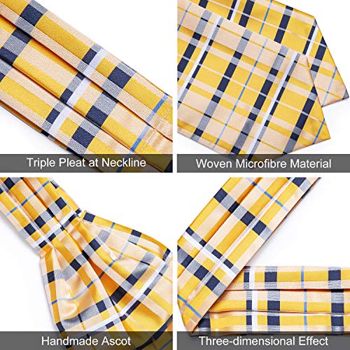 Dibangu 4 Pcs Yellow Plaid Ascot Ties For Men Silk With Lapel Pin Pocket Square Cufflinks Formal Casual Cravat Set #TOP3