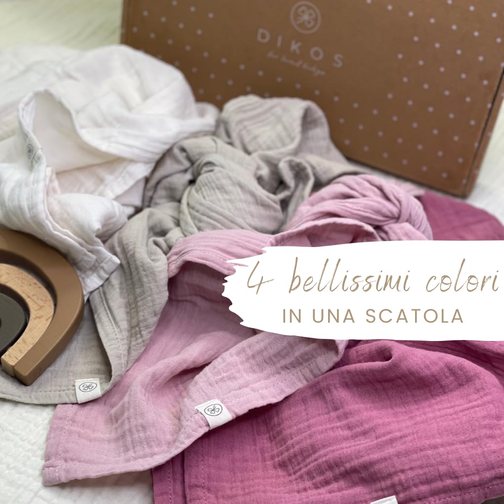Set 4 Pezzi Mussola Neonato 100% Cotone Biologico GOTS 64x64cm DIKOS