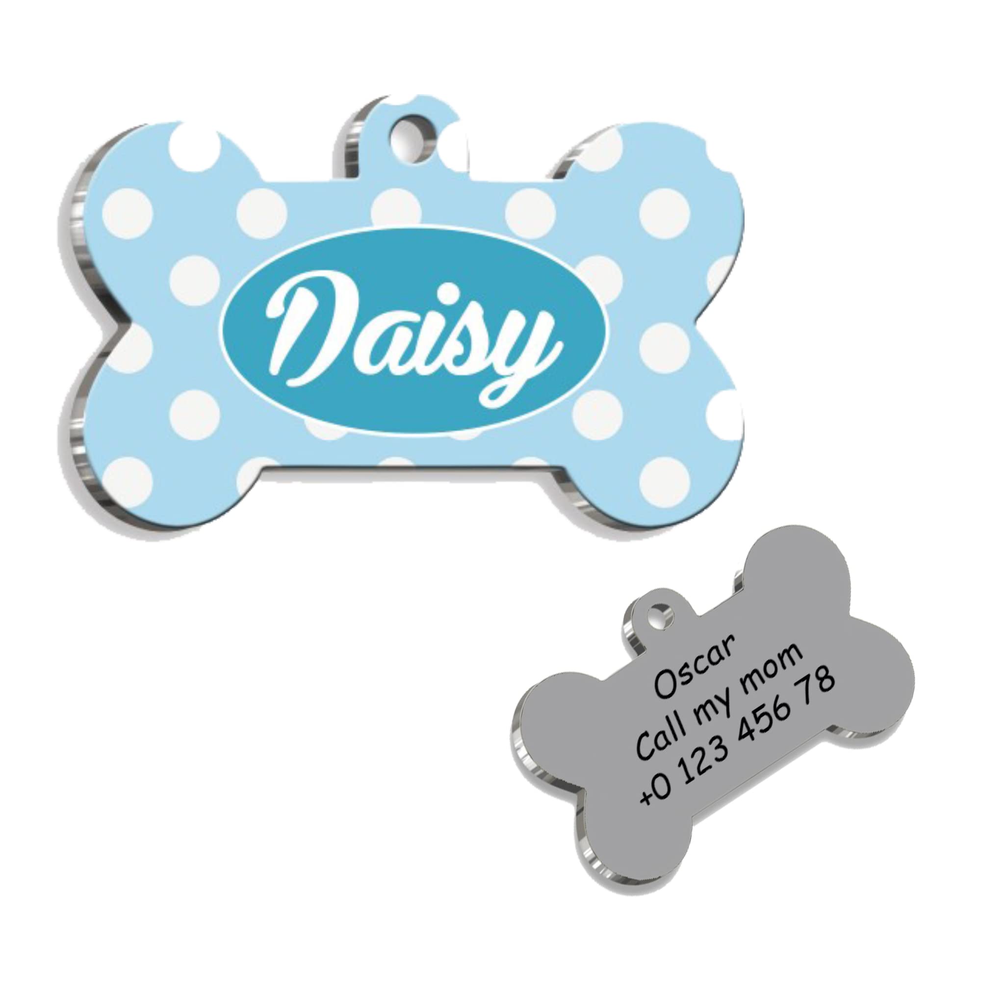 Blue White Polka Dot Bone Personalized Dog Tag - Custom Name Tag - ID Tag for Dog & Cat - Customized Pet Tags - Dog Name Tag - Cat Name Tag - Engraved Dog Tag