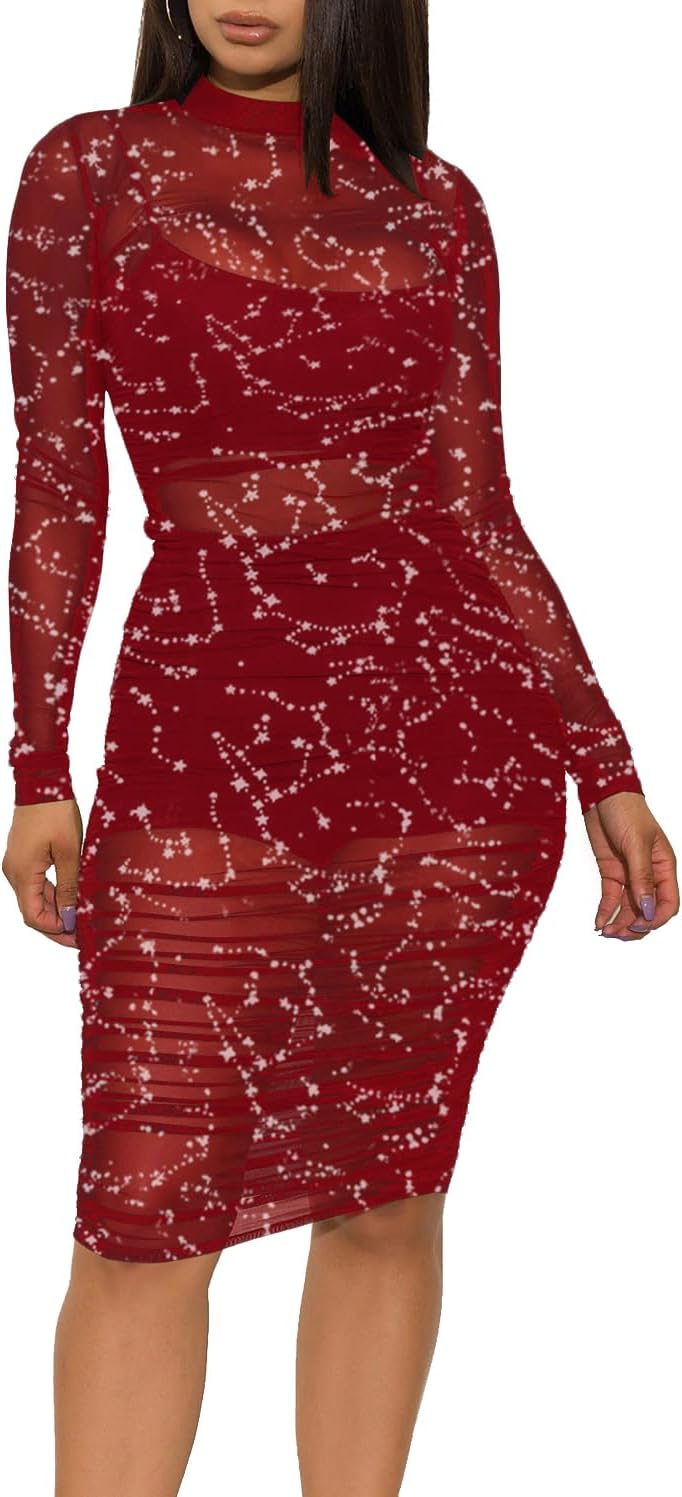 LYANER Women's Mesh Dress Long Sleeve Bodycon 3 Piece Outfits with Cami Shorts