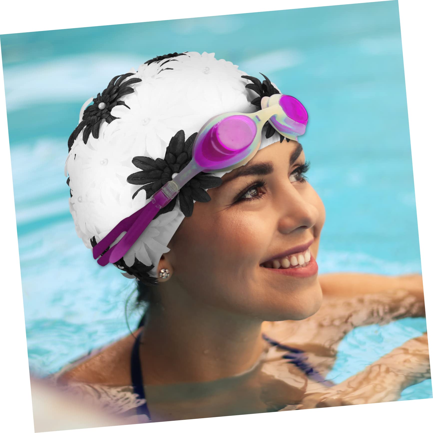 UPKOCH Gorro de Natación Doble Capa para Mujer con Diseño Floral de Perlas Gorro para Actividades Acuáticas y Rafting Sombrero para Exterior y de Blanco y Negro