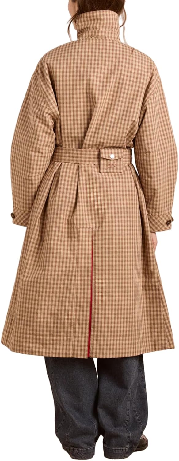 Women's Reversible Trench Coats with Pockets Gingham Check Contrast Collar Color Long Belted Jacket Windproof Coats